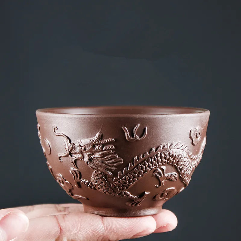 Yixing Zisha Double Dragon Tea Bowl, Large Handmade Relief, Phoenix Tea Cup, Master Cup, Tea Accessories, 3Pcs