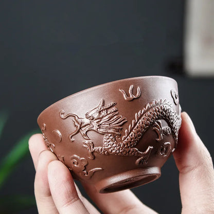 Yixing Zisha Double Dragon Tea Bowl, Large Handmade Relief, Phoenix Tea Cup, Master Cup, Tea Accessories, 3Pcs