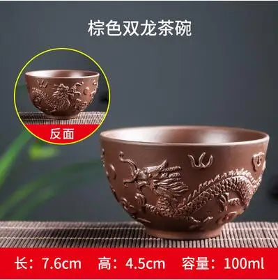 Yixing Zisha Double Dragon Tea Bowl, Large Handmade Relief, Phoenix Tea Cup, Master Cup, Tea Accessories, 3Pcs