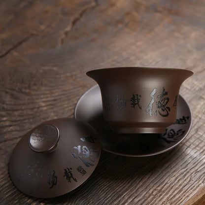 Yixing Zisha Gaiwan Chinese Kung Fu Teaware Tea Tureen Handmade Purple Clay Tea Bowl Cups Handpainted Tea Cup Set