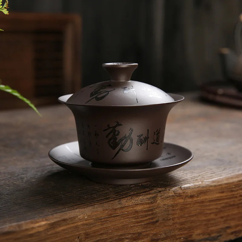 Yixing Zisha Gaiwan Chinese Kung Fu Teaware Tea Tureen Handmade Purple Clay Tea Bowl Cups Handpainted Tea Cup Set
