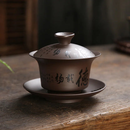 Yixing Zisha Gaiwan Chinese Kung Fu Teaware Tea Tureen Handmade Purple Clay Tea Bowl Cups Handpainted Tea Cup Set