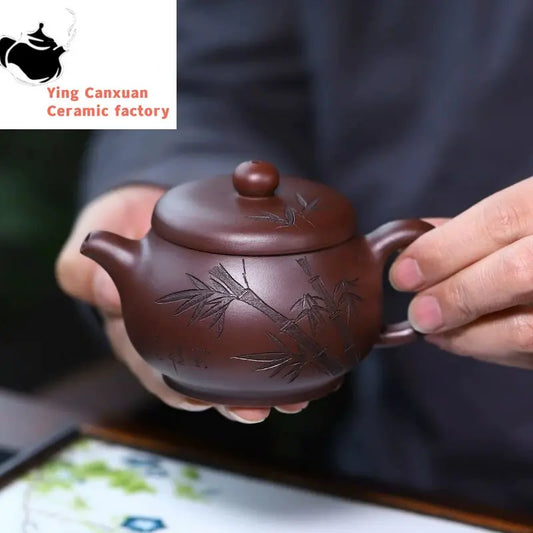 Yixing purple clay pot pure hand-carved bamboo leaf Wendan pot old purple mud large mouth practical teapot Chinese Zen tea set