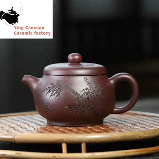 Yixing purple clay pot pure hand-carved bamboo leaf Wendan pot old purple mud large mouth practical teapot Chinese Zen tea set