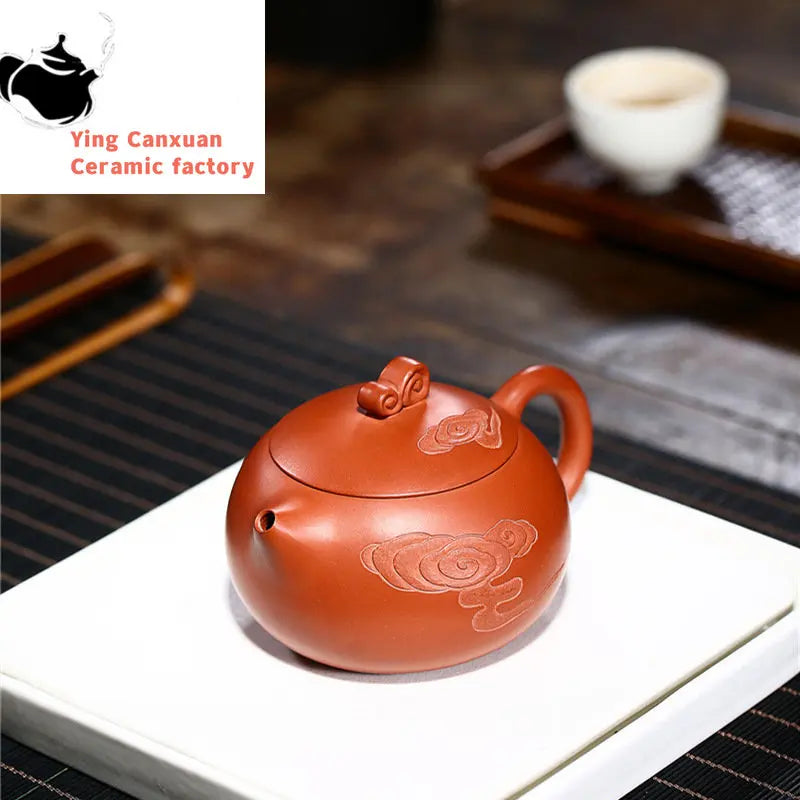 Yixing purple clay teapot handmade vermilion moiré Xishi teapot Kungfu tea set large capacity 400ml teapot