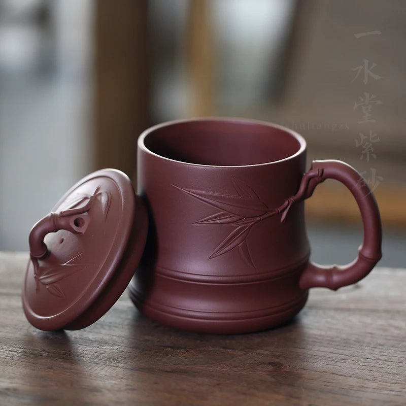 Yixing purple sand cup pure manual monohydrate hall office 500 ml water bamboo cup lid cup purple clay gift