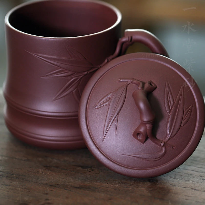 Yixing purple sand cup pure manual monohydrate hall office 500 ml water bamboo cup lid cup purple clay gift