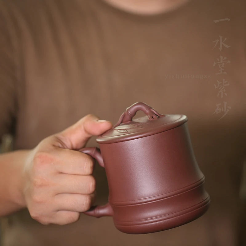 Yixing purple sand cup pure manual monohydrate hall office 500 ml water bamboo cup lid cup purple clay gift