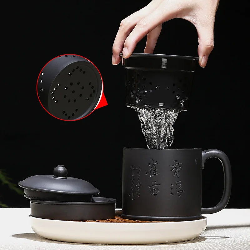 Yixing purple sand cup really pure manual office tea cups with cover the tank filter the sky black mud tank cup