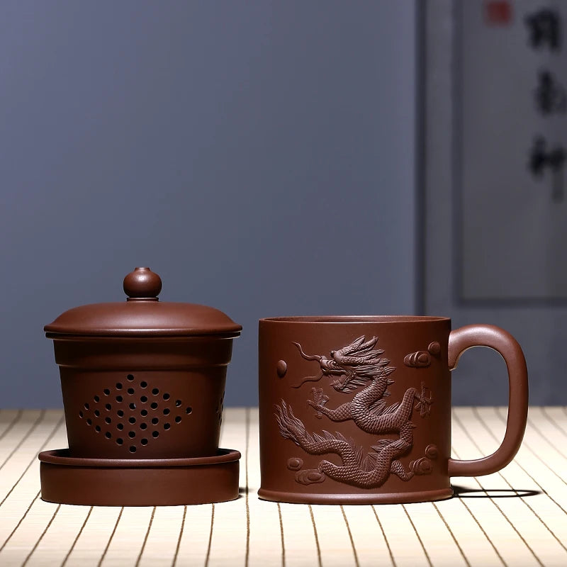 Yixing purple sand cup really pure manual tank filter tea office cup lid cup heap dragon custom lettering