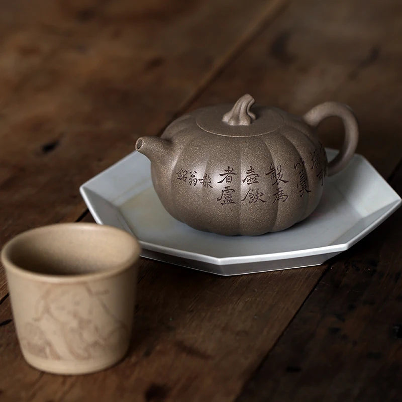 Yixing raw ore genuine famous hand-made purple clay pot section, green pumpkin pot section, old flavor carving