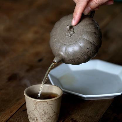 Yixing raw ore genuine famous hand-made purple clay pot section, green pumpkin pot section, old flavor carving