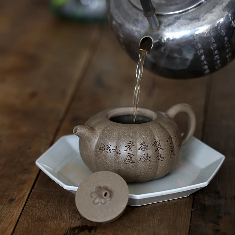 Yixing raw ore genuine famous hand-made purple clay pot section, green pumpkin pot section, old flavor carving