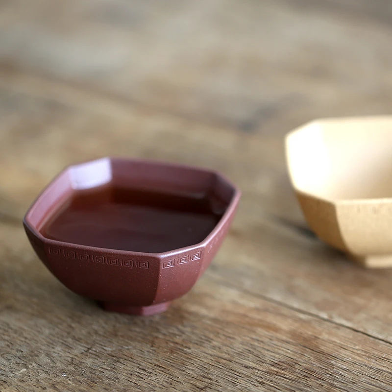 Yixing raw ore handmade purple sand pinmingbei section mud purple mud downhill mud vermilion mud square Huiwen cup 80CC