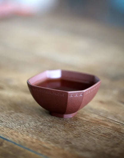 Yixing raw ore handmade purple sand pinmingbei section mud purple mud downhill mud vermilion mud square Huiwen cup 80CC