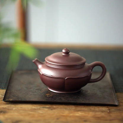 Yixing raw ore pure handmade purple clay pot old purple clay caltrop pot 210cc lotus petals elegant and ancient