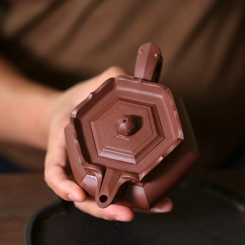Yixing raw ore purple clay teapot pure handmade tea set Kungfu teapot bottom groove green monk hat teapot 230cc