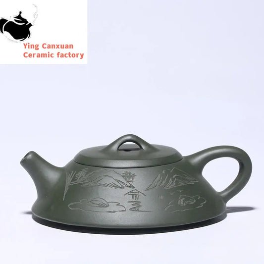 Yixing tea pots Purple Clay Boutique Green clay Flat stone scoop Teapot Handmade beauty kettle Tie Guanyin Puer Tea set 120ml