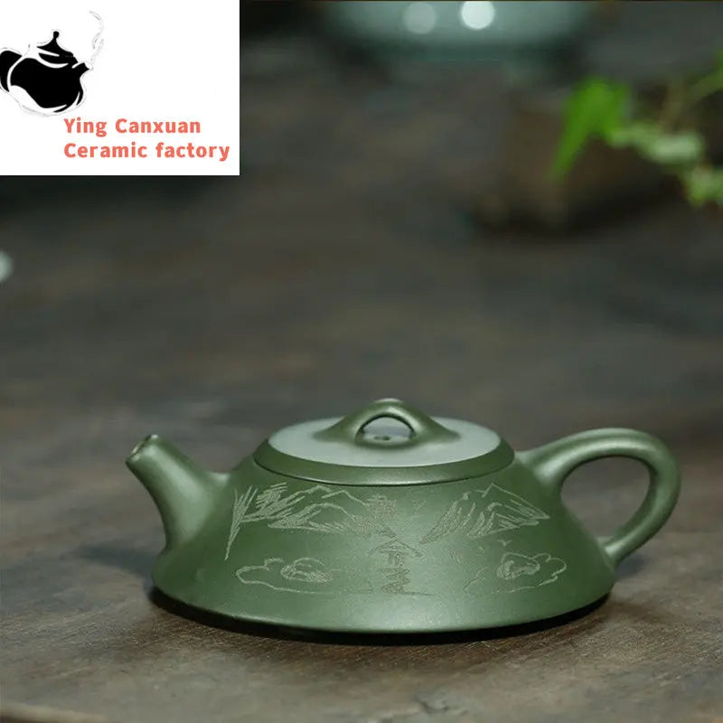 Yixing tea pots Purple Clay Boutique Green clay Flat stone scoop Teapot Handmade beauty kettle Tie Guanyin Puer Tea set 120ml