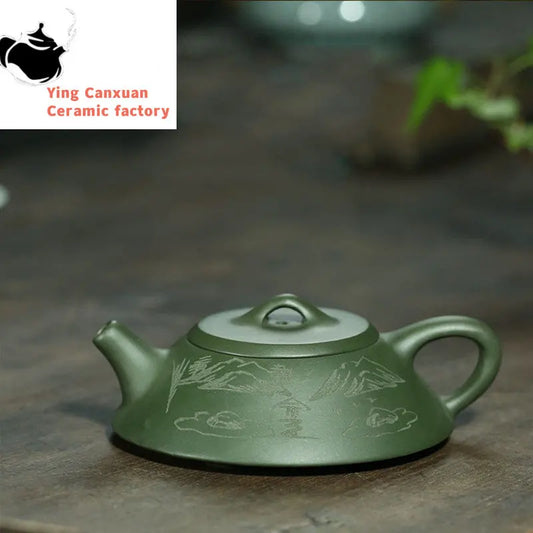 Yixing tea pots Purple Clay Boutique Green clay Flat stone scoop Teapot Handmade beauty kettle Tie Guanyin Puer Tea set 120ml