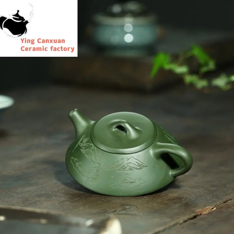 Yixing tea pots Purple Clay Boutique Green clay Flat stone scoop Teapot Handmade beauty kettle Tie Guanyin Puer Tea set 120ml