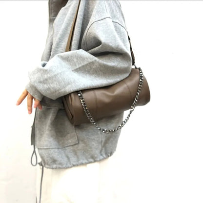 Youth Ladies Fashion Shoulder Bag Vintage Portable Genuine Leather Chains Crossbody Bag 2024 Autumn New Cylindrical Handbags