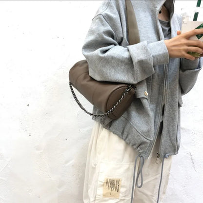 Youth Ladies Fashion Shoulder Bag Vintage Portable Genuine Leather Chains Crossbody Bag 2024 Autumn New Cylindrical Handbags