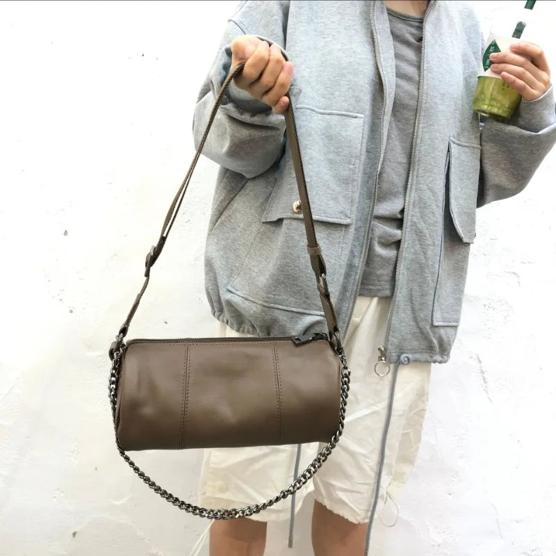 Youth Ladies Fashion Shoulder Bag Vintage Portable Genuine Leather Chains Crossbody Bag 2024 Autumn New Cylindrical Handbags