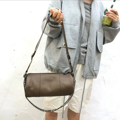 Youth Ladies Fashion Shoulder Bag Vintage Portable Genuine Leather Chains Crossbody Bag 2024 Autumn New Cylindrical Handbags