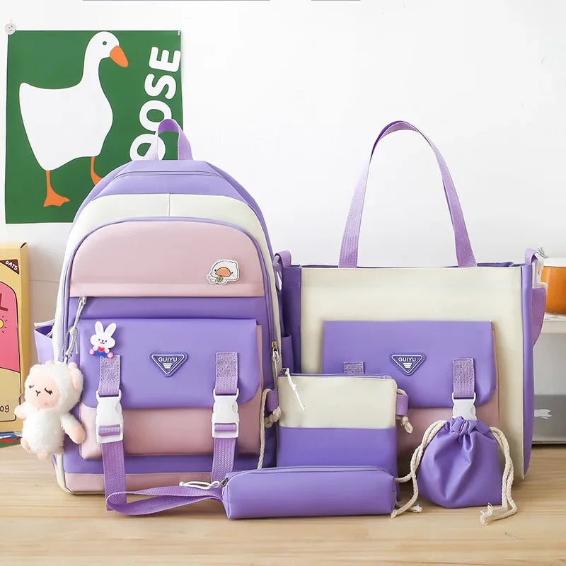 Youth Student Backpack Five-piece Set 4-6 Grade Students Back To School Backpack Cute Girls Must-have Daily Schoolbag