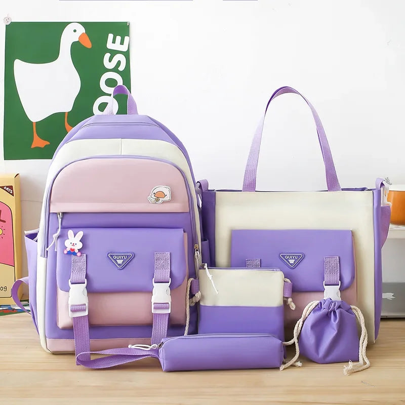 Youth Student Backpack Five-piece Set 4-6 Grade Students Back To School Backpack Cute Girls Must-have Daily Schoolbag