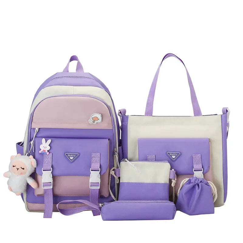 Youth Student Backpack Five-piece Set 4-6 Grade Students Back To School Backpack Cute Girls Must-have Daily Schoolbag
