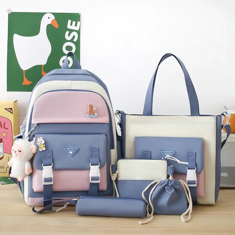 Youth Student Backpack Five-piece Set 4-6 Grade Students Back To School Backpack Cute Girls Must-have Daily Schoolbag