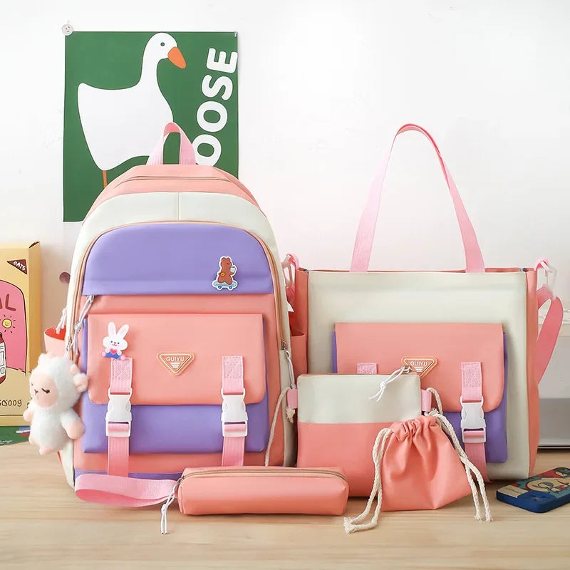 Youth Student Backpack Five-piece Set 4-6 Grade Students Back To School Backpack Cute Girls Must-have Daily Schoolbag