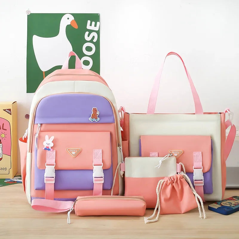 Youth Student Backpack Five-piece Set 4-6 Grade Students Back To School Backpack Cute Girls Must-have Daily Schoolbag