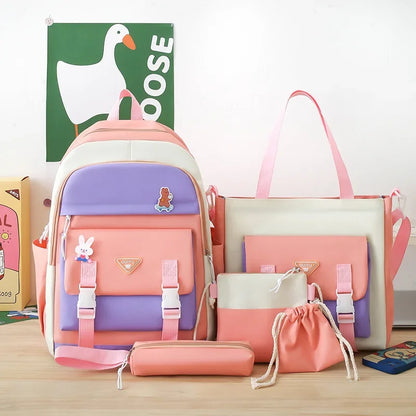 Youth Student Backpack Five-piece Set 4-6 Grade Students Back To School Backpack Cute Girls Must-have Daily Schoolbag