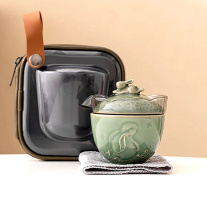 Yue Kiln Celadon Moon Rabbit Tea Set Kit Vintage Set of Cups 1 Pot 1 Cup Household Tea Making Picnic Outdoor Stock Bags Craft