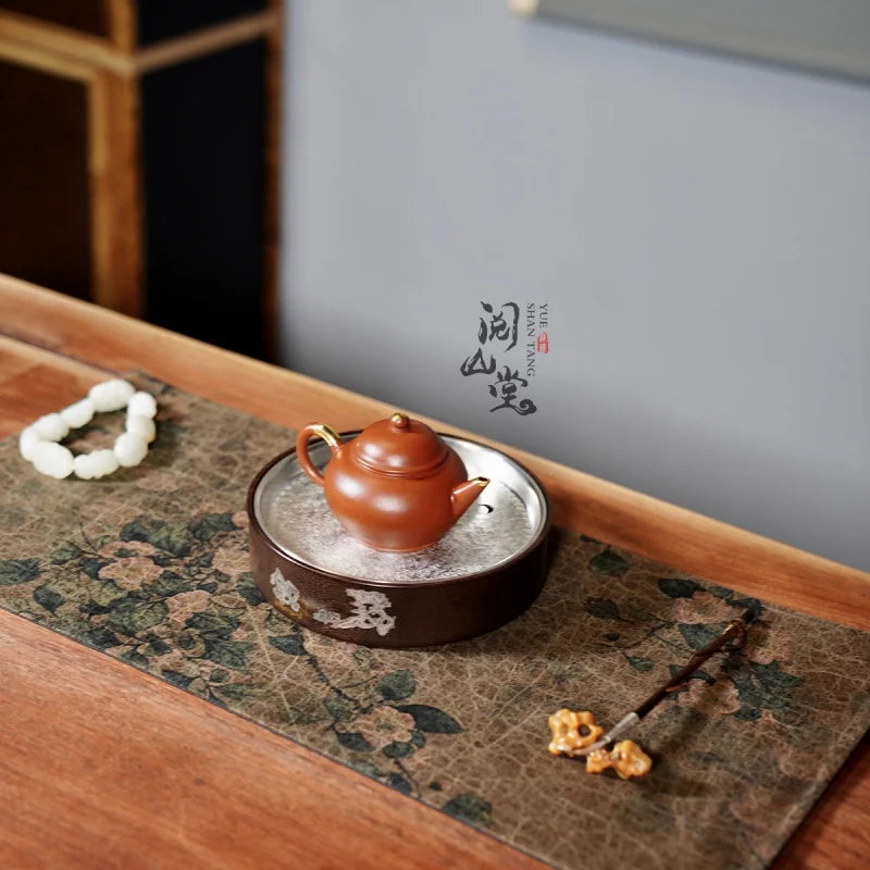 Yueshan Hall | Hidden Mountain Pot tray Hand-Punched Tin Cover Paint Gold Painting Craft Tea Mat Ornaments