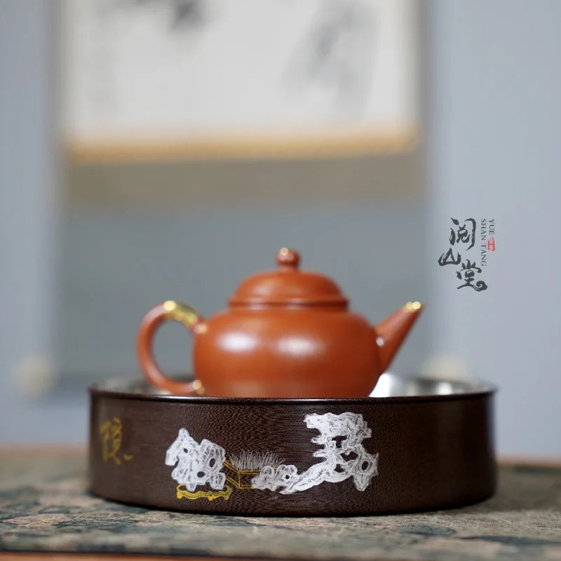 Yueshan Hall | Hidden Mountain Pot tray Hand-Punched Tin Cover Paint Gold Painting Craft Tea Mat Ornaments