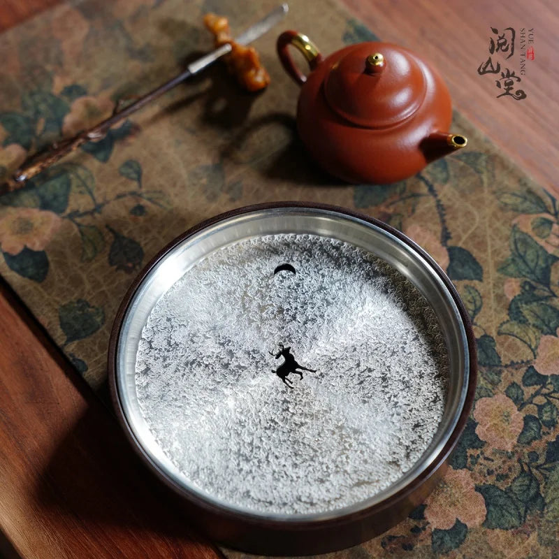 Yueshan Hall | Hidden Mountain Pot tray Hand-Punched Tin Cover Paint Gold Painting Craft Tea Mat Ornaments