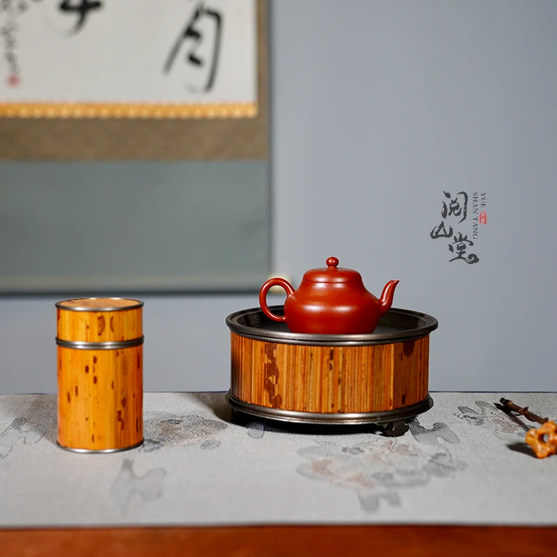 Yueshan Hall | Mottled Bamboo Tin Tea Set Series Archaized Pot Bearing Tea Caddy Tea Mat Ornaments