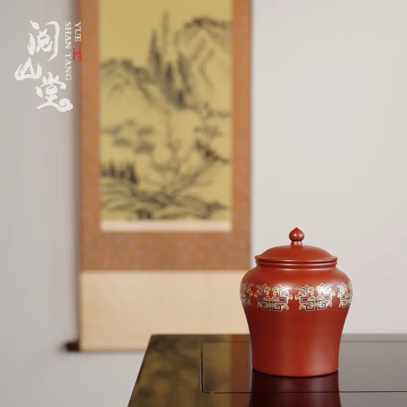 Yueshan Hall | Shengshi Zhu Yan Series Court Drawing Silver Enamel Purple sand tea caddy Tea storage pot A Red Clay