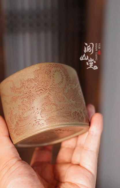 Yueshan Hall | Square State Cup Crabshell green Double Knife Carving Purple sand tea cup All Handmade/Engraving