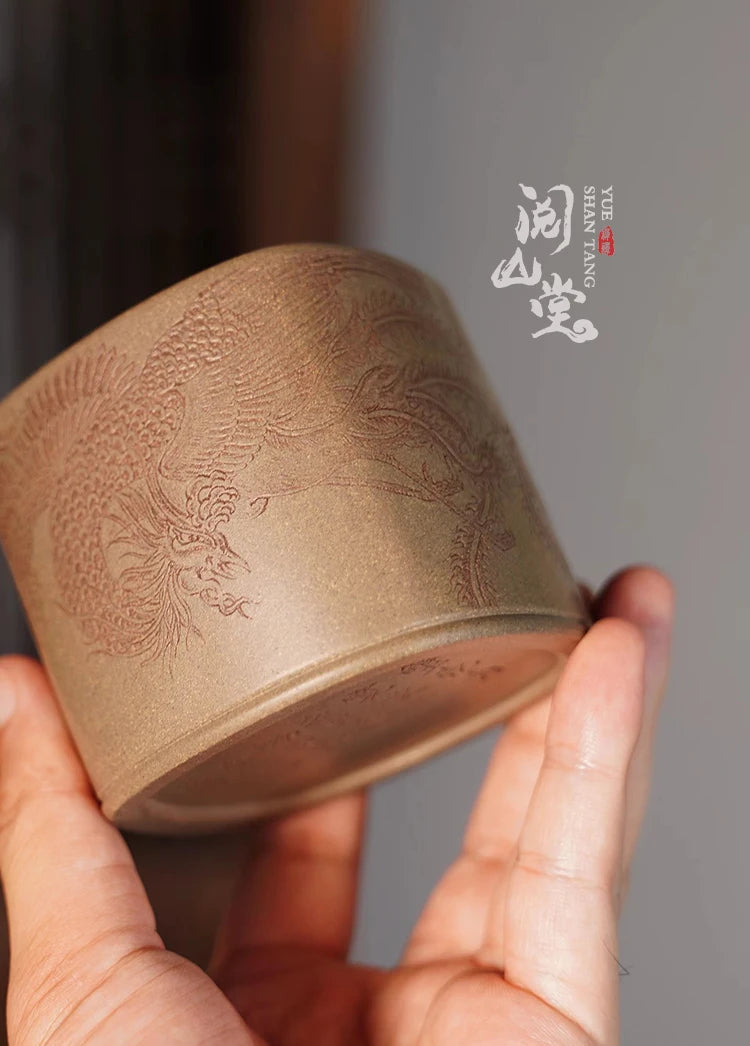 Yueshan Hall | Square State Cup Crabshell green Double Knife Carving Purple sand tea cup All Handmade/Engraving