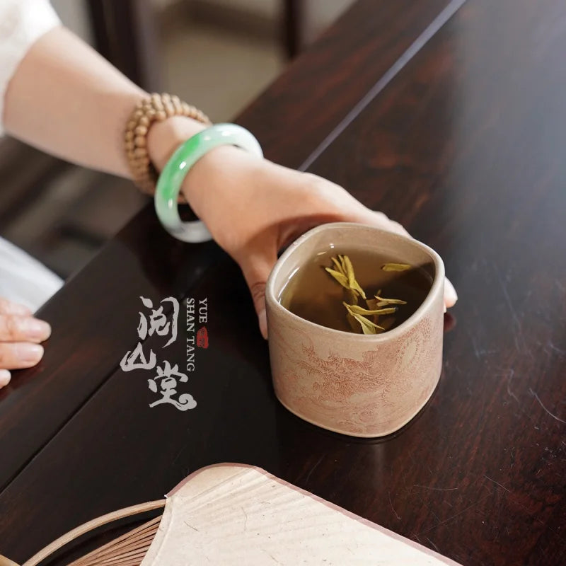 Yueshan Hall | Square State Cup Crabshell green Double Knife Carving Purple sand tea cup All Handmade/Engraving