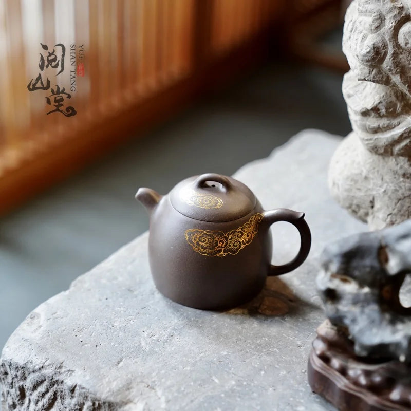 Yueshan Hall | Xiangyun Qinquan Pot Raw Ore Sky Blue Mash Gold Painting Process Famous National Worker Qi Liyun Handmade