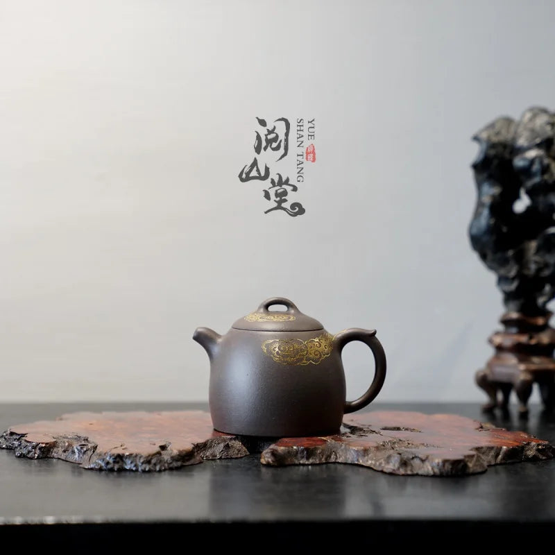 Yueshan Hall | Xiangyun Qinquan Pot Raw Ore Sky Blue Mash Gold Painting Process Famous National Worker Qi Liyun Handmade