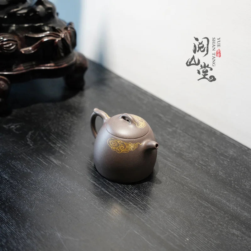 Yueshan Hall | Xiangyun Qinquan Pot Raw Ore Sky Blue Mash Gold Painting Process Famous National Worker Qi Liyun Handmade