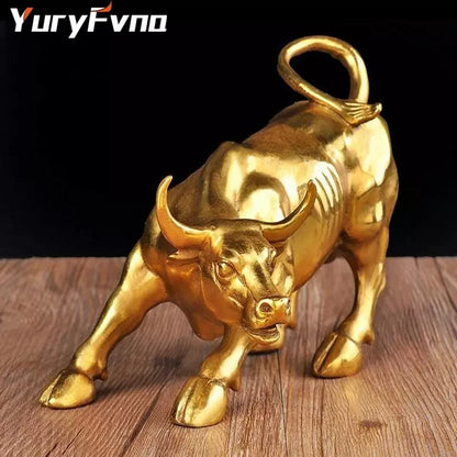 YuryFvna 3 Sizes Golden Wall Street Bull OX Figurine Sculpture Charging Stock Market Bull Statue Home Office Decoration Gift