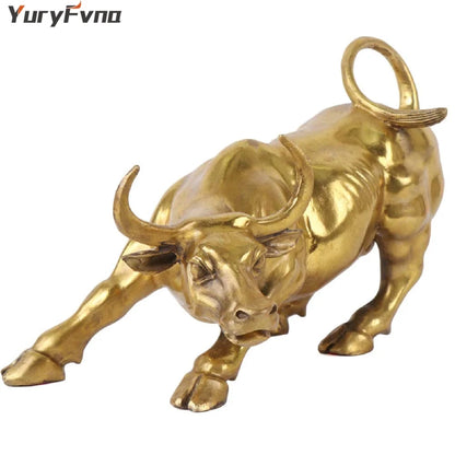 YuryFvna 3 Sizes Golden Wall Street Bull OX Figurine Sculpture Charging Stock Market Bull Statue Home Office Decoration Gift